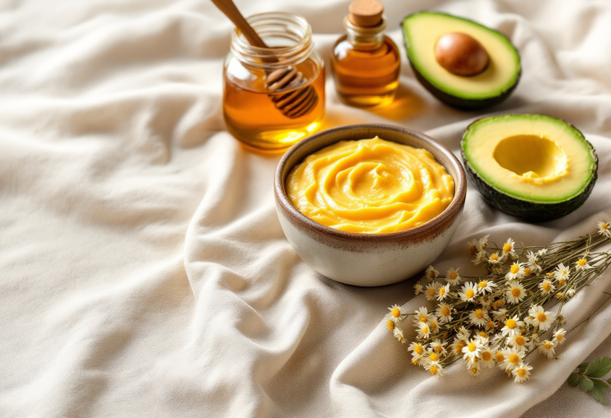 Bol de masque capillaire maison avec miel, huile vegetale, avocat et cuillere en bois