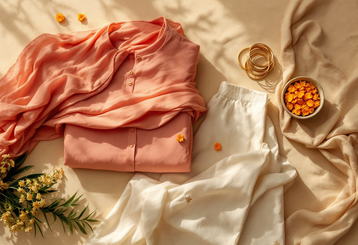 Tunique kurta corail, pantalon salwar creme et echarpe dupatta brodee poses a plat