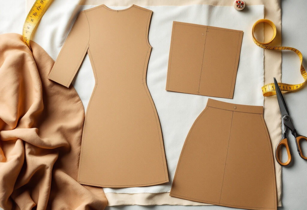 Pièces de patron en papier kraft posées sur un tissu crème, avec mètre ruban, ciseaux de couturière et épingles