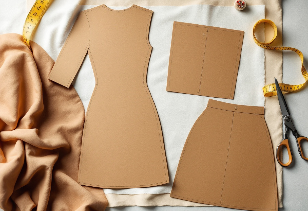Pièces de patron en papier kraft posées sur un tissu crème, avec mètre ruban, ciseaux de couturière et épingles
