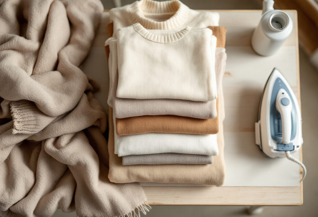 Pile de pulls et de linge plié dans des tons crème et camel posée près d'un fer à repasser