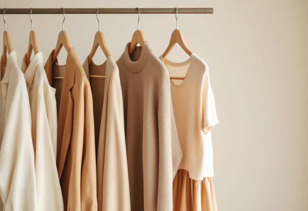 Vêtements féminins sur cintres en bois dans des tons crème, camel et caramel
